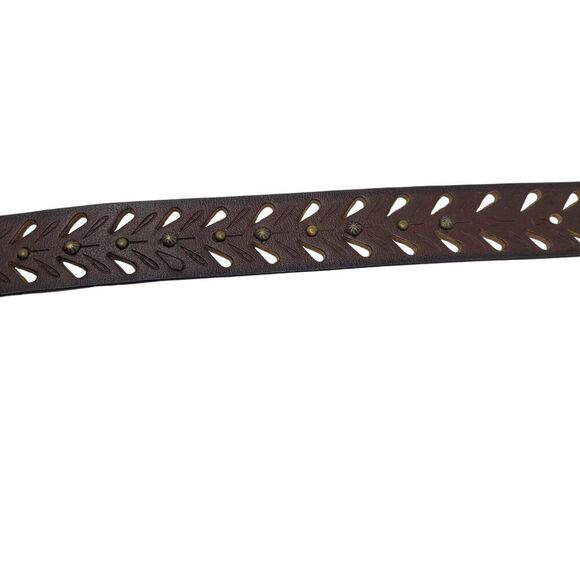 Vintage Chocolate Burnish Genuine Leather Western Belt Brass Cutouts Studded M - Picture 9 of 12